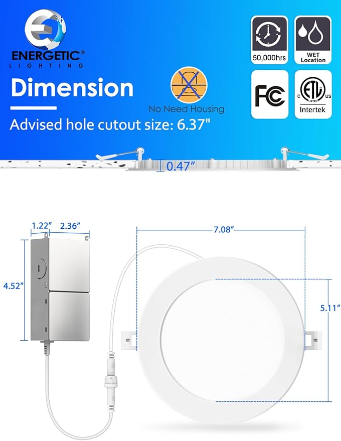 12 Pack 6 Inch Ultra-Thin LED Recessed Ceiling Light with Junction Box, Daylight 5000K, 1050LM Brightness, 12W 110W Eqv, Dimmable Canless Wafer Downlight - ETL & FCC Certified