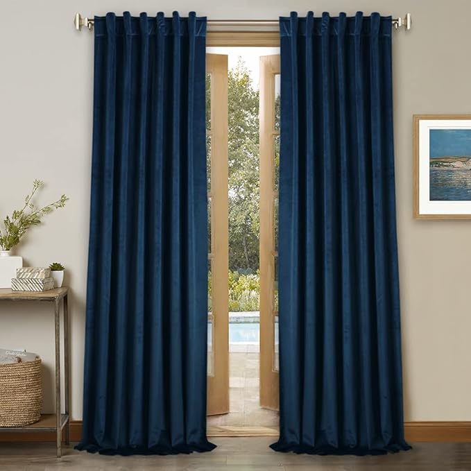 StangH Navy Blue Velvet Curtains 92 inches Long Back Tab Light Blocking Soundproof Drapes, Stylish Thermal Insulated Panels for Living Room/Office/Studio, W52 x L92, 2 Panels