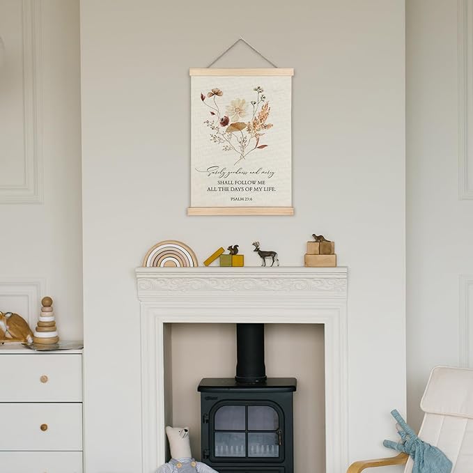 Supwhd Boho Floral Christian Wall Art with Wooden Poster Hanger, Goodness and Mercy Shall Follow Me Posters Wall Art Decor, Christian Wall Decor for Home Room, 12x16