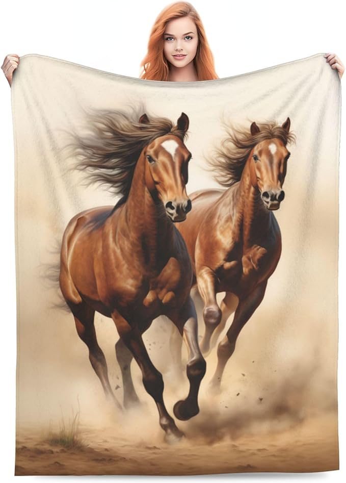 Horse Blanket Animal Horses Running Pattern Print Flannel Throw Blankets for Home Couch Bed Sofa Soft Fuzzy Lightweight Decor Gifts for All Season 80x60 Inches