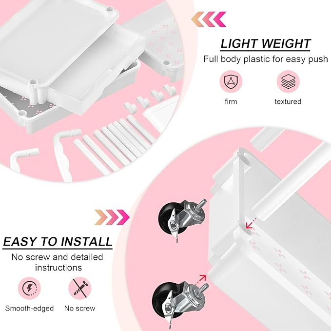 Goovilla 4 Tier Rolling Utility Cart Organizer with Removable Drawer, Stable and Sturdy White Rolling Storage Carts with 2 Lockable Wheels for Bathroom, Kitchen, Snack, Craft, Makeup, Baby Essentials