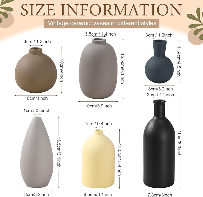 Ceramic Vase Set of 6 Small Modern Pottery Vase for Bouquet Home Decoration Rustic Farmhouse Decoration for Living Room Shelf Bookshelf(Cool Color)