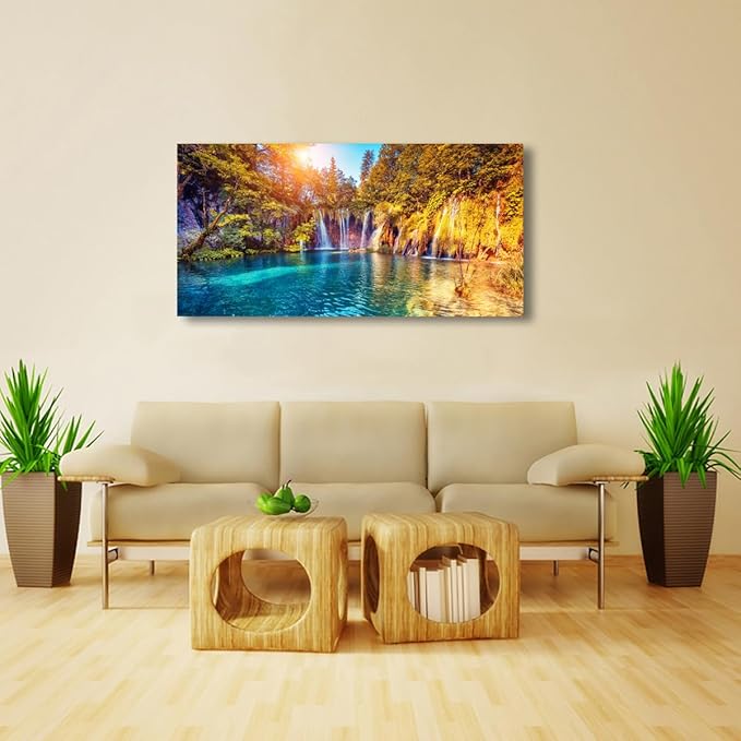 Lake Water Pictures Canvas Wall Art for Living room Bedroom Wall Decor,Waterfall Wall Art Print Paitnings for home Decor,Morden Artwork Sunset Tree Canvas Art Waterproof Stretched Ready to