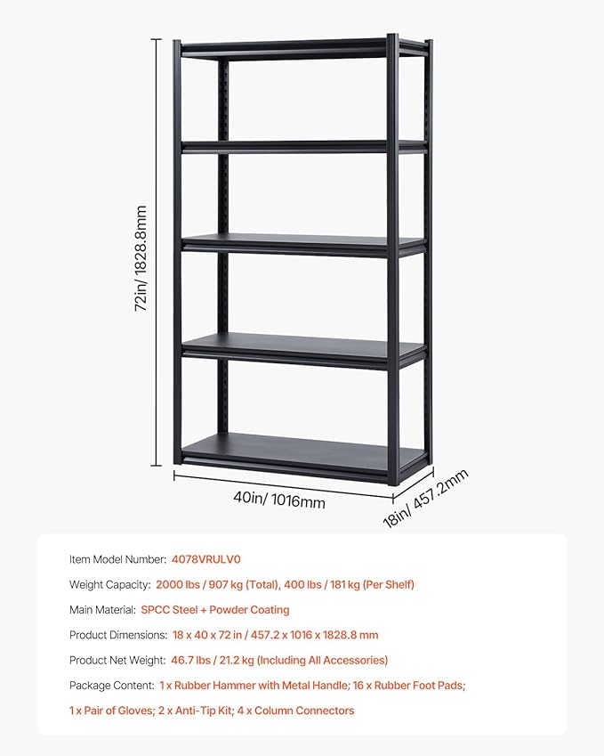 VEVOR Storage Shelves, 2000 lbs, 5 Tier Garage Storage Shelving, 18" D x 40" W x 72" H Adjustable Metal Shelves for Garage Shelves Utility Rack Shelf, Ideal for Kitchen, Warehouse, Basement, Black