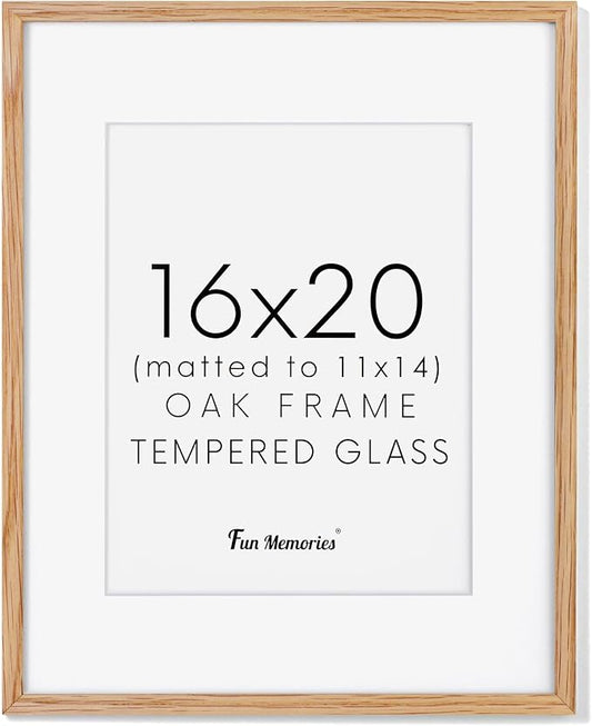 16x20 Picture Frame for Wall, 16 x 20 Solid Oak Wood Frames, Tempered Glass, 16x20 Picture Frame with Mat for 11x14, 16 by 20 Wood Frames, 16 x 20 Matted Poster Frame, Natural Oak Color