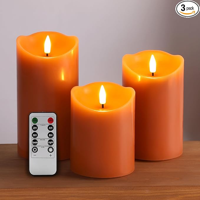 Eywamage Orange Flameless Pillar Candles with Remote, Halloween Fall LED Candles Battery Operated Real Wax, Set of 3