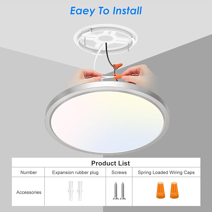 Peasur 12 Inch LED Ceiling Light Brushed Nickel, 24W Slim Flush Mount Ceiling Light 3000K/4000K/6500K Adjustable, Modern Round Ceiling Lighting for Bedroom, Living Room, Kitchen(2 Pack)