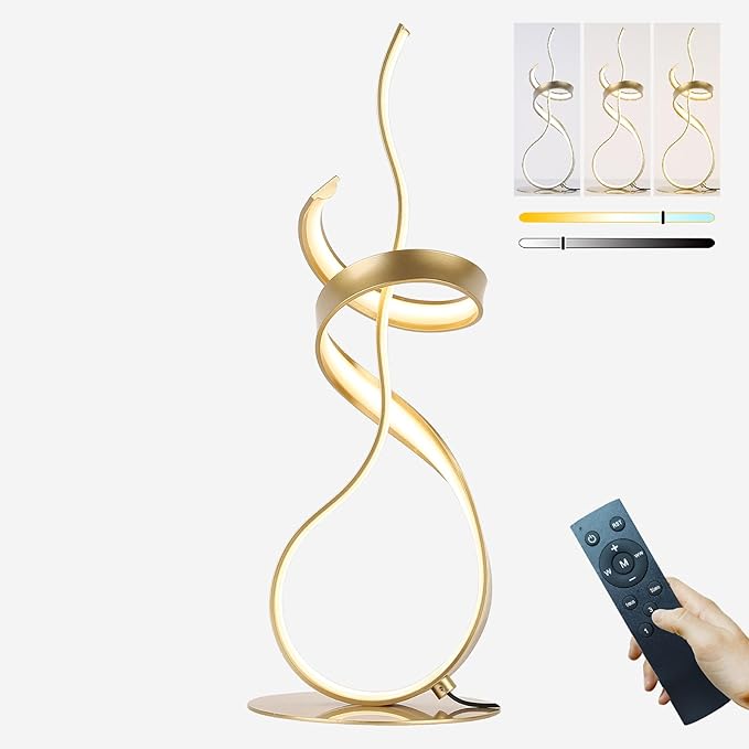 Gold Art Spiral 24W LED Table Lamp with Touch Remote Dimmer, 22" Unique Creative Stylish Smart Lamp, LED Desk Lamp for Dining Room, Bedroom, Bedside, Restaurant, Bar (Gold)