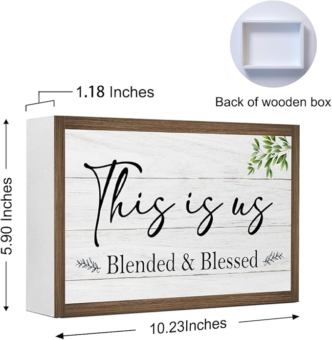 This is Us Blended and Blessed Wooden Box Sign,Families Step Family Decor,Mother's Day Gift Wooden Block Plaque Sign for Mom Stepmom Home Farmhouse Bedroom Shelf Table Wall Decor