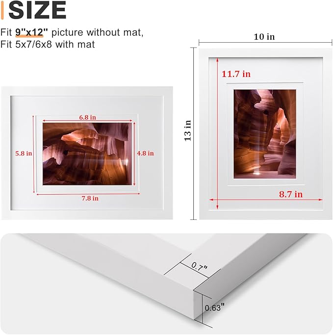 Egofine 9x12 Picture Frames Set of 4, Made of Solid Wood Covered by Plexiglass 5x7 and 6x8 with Mat or 9x12 without Mat, for Table Top Display and Wall Mounting Photo Frame White