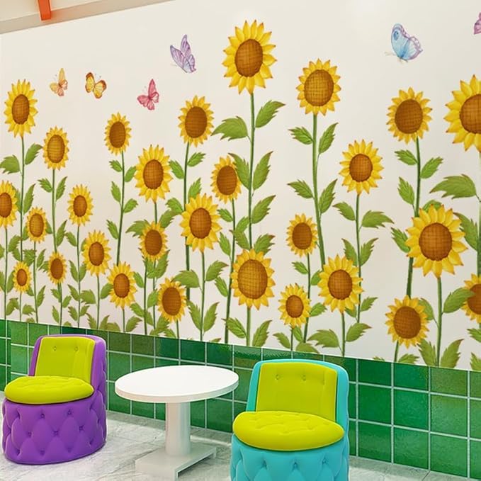 12x36 Inch Set - Sunflower Themed Floral Wall Decals for Decor, Self Adhesive Vinyl for Home Decor for Nursery, Home- Gift for Christmas, Thanksgiving (Floral Design #2)
