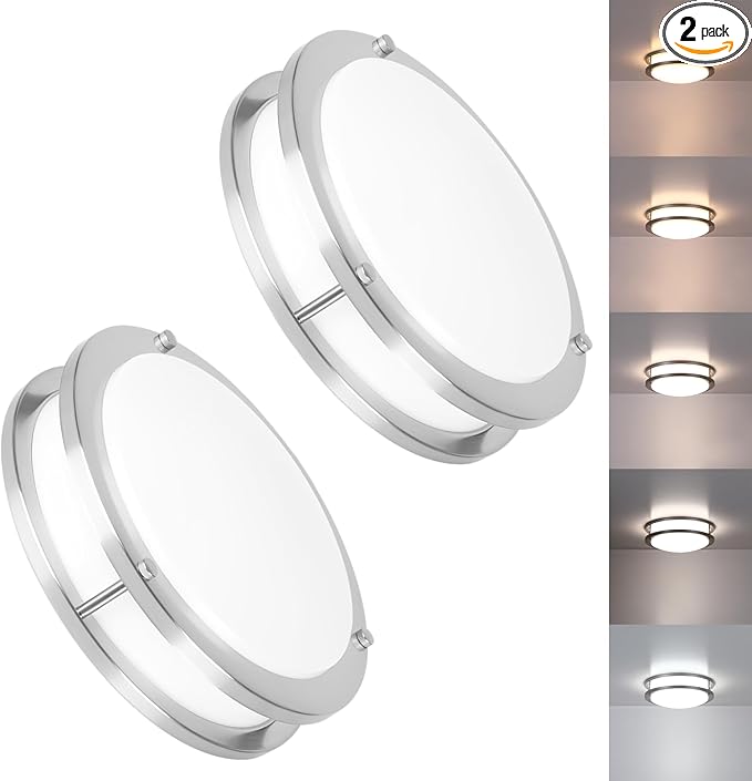 2 Pack Brushed Nickel Ceiling Light, 10 Inch LED Ceiling Light Fixture for Bathroom,17W, 2700K/3000K/3500K/4000K/5000K Adjustable Ceiling Lighting for Bedroom Kitchen Hallway Living Room