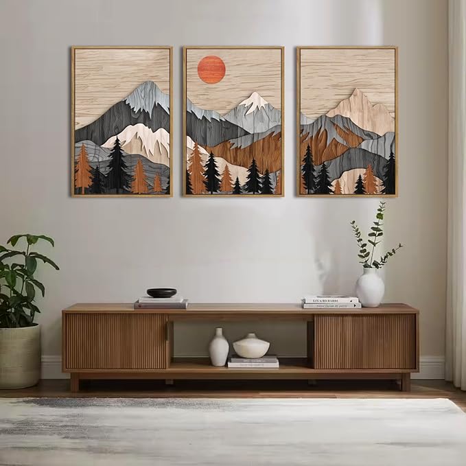 ANHUIB Mountain Wall Art 16x24 Inch Large Forest Wall Decor Woodcut Pine Tree Illustration Nature Wilderness Art Print Abstract Landscape Painting Set of 3 for Living Room Bedroom Office