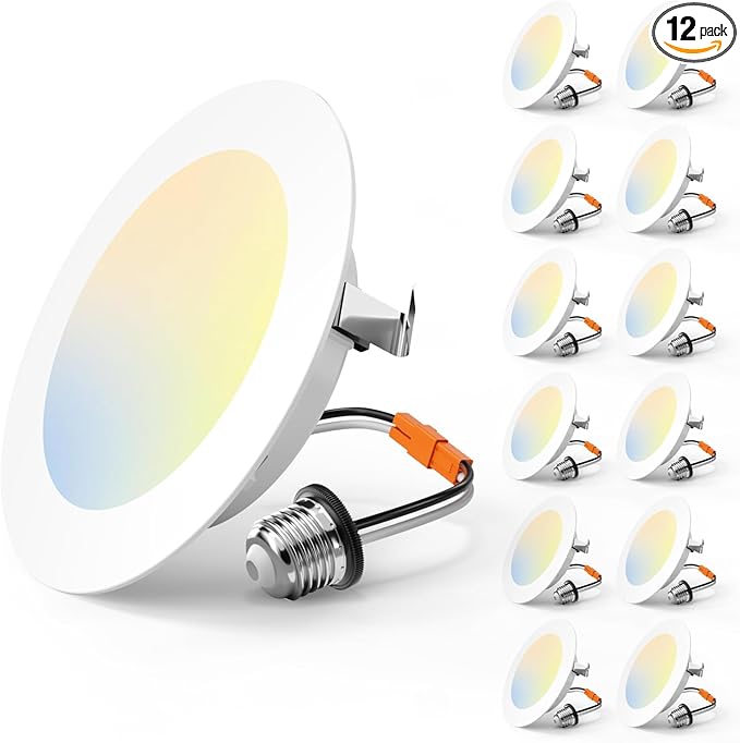 Amico 4 Inch 5CCT LED Recessed Lighting 12 Pack, 700LM Flat Can Lights, Dimmable, IC Rated, 7W Eqv 60W, 2700K/3000K/4000K/5000K/6000K Selectable, Retrofit Installation- ETL Listed