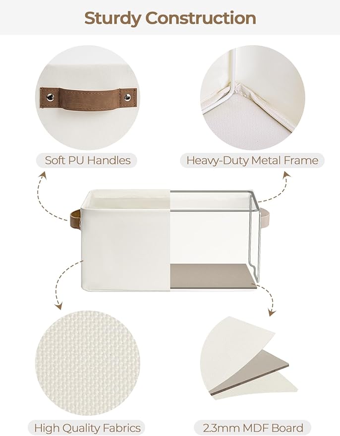 StorageWorks Narrow Storage Bins, Small Basket for Closet and Shelves, Rectangular Fabric Organizer with Handles, Toilet Paper Storage, Beige, 2-Pack