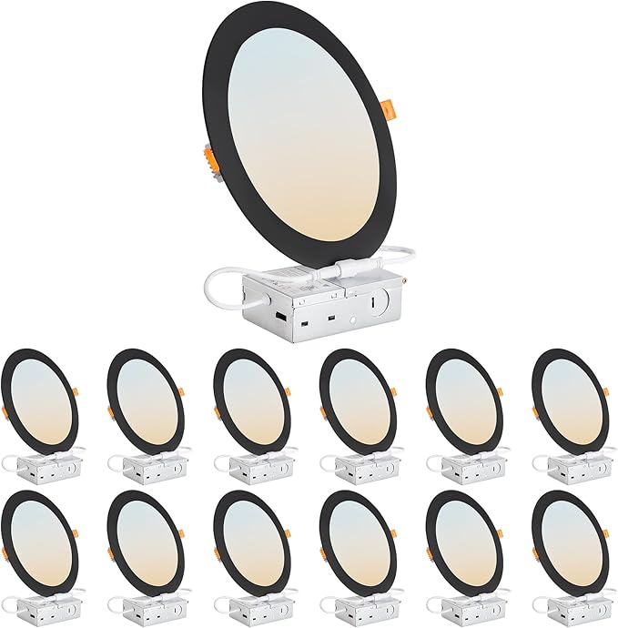 DLLT LED Recessed Ceiling Lights: Black 12 Pack 8 Inch 5CCT Ultra-Thin Lighting with Junction Box for Bedroom - 1800LM Brightness 18W Eqv 170W Dimmable Canless Wafer Downlight with ETL&FCC