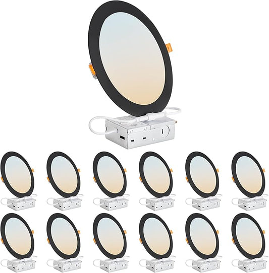 DLLT LED Recessed Ceiling Lights: Black 12 Pack 8 Inch 5CCT Ultra-Thin Lighting with Junction Box for Bedroom - 1800LM Brightness 18W Eqv 170W Dimmable Canless Wafer Downlight with ETL&FCC