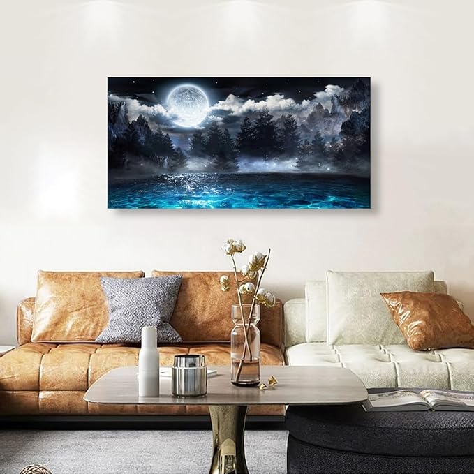 Moon Ocean Pictures Canvas Wall Art for Living room Office Bedroom Wall Decor,Ocean Wall Art Print Paintings Modern Mystery Cloud Forest Blue Lake Artwork Waterproof Ready to Hang-28X57 inch