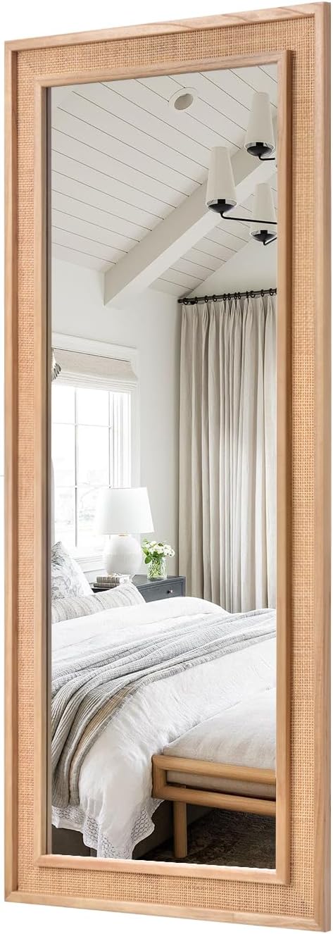 Rattan Full Length Mirror 27"x67" Long Mirror Wood Framed Large Hanging Wall Mounted Mirror Full Body Mirror Decorative Rectangle Floor Mirror Leaning Against Wall for Bedroom Living Room