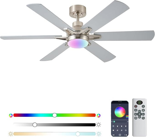 52in Ceiling Fans with Lights RGB Ceiling Fan with Light and Remote/APP Control,Low Profile Ceiling Fans with Lights for Bedroom,Living Room,Kids Room,3CCT Dimmable Modern Ceiling Fan, 8 Speeds,Nickel