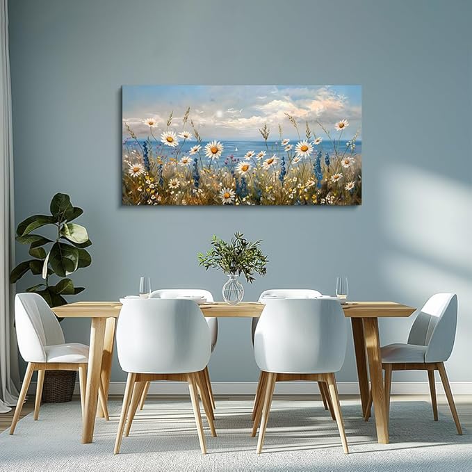 Wapluam Blue Ocean Canvas Wall Art for Living Room Wall Decor For Bedroom Bathroom Decoration Natural Seascape Painting Modern Office Wildflowers Artwork Large Pictures Home Decor Ready To Hang