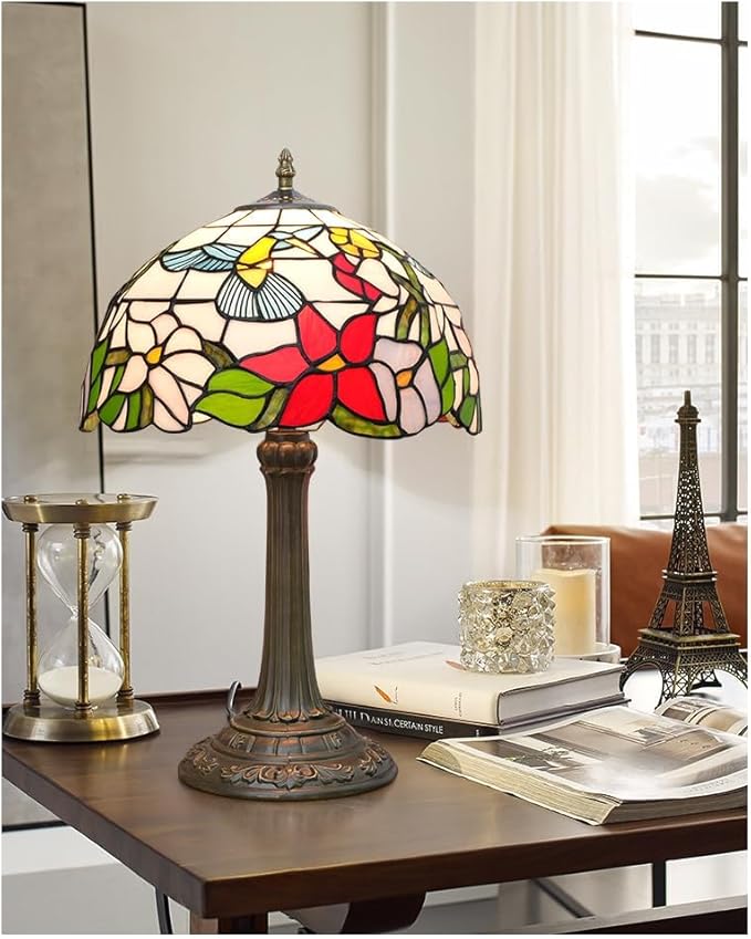 Tiffany Style Stained Glass Table Lamp 12-Inch Blue Hummingbird Reading Bedside Lamp Suitable for Study Living Room Bedroom Coffee Shop Retro Table Lamp Home Decoration Art