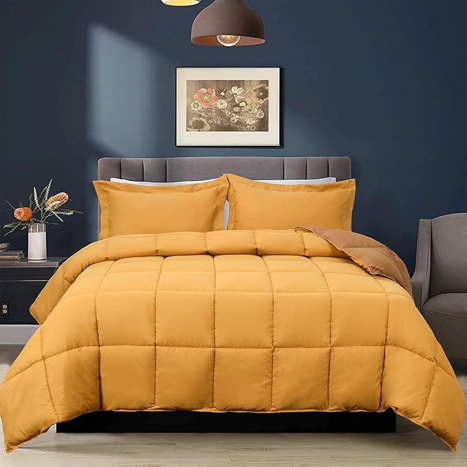 HIG 3-Piece Mustard Yellow Reversible Down Alternative Comforter Set Queen - Baffle Box Stitched Design - 4 Built-in Corner - Lightweight & Easy Fit - Premium Poly Filling - Fluffy, Warm, Soft