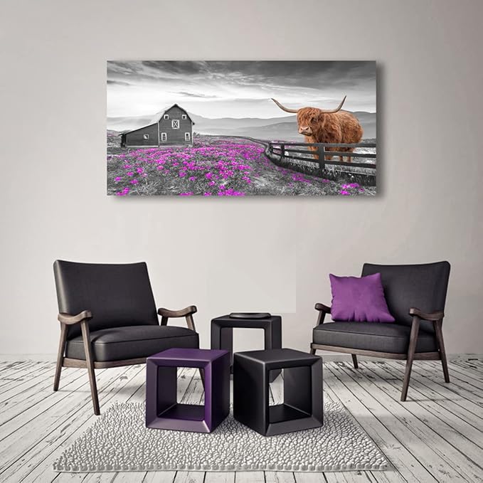 Highland Cow Pictures Canvas Wall Art for Living Room Home Wall Decor Black and White Background Animal Cow Purple Flowers Country Scenery Prints Painting for Bedroom Office Decoration 20x40 inches
