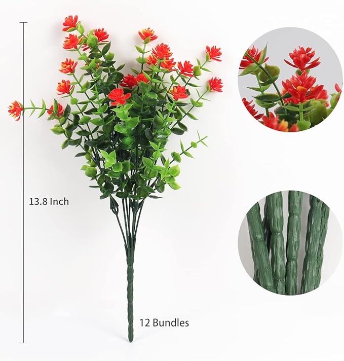 RECUTMS 12 Bundles Artificial Fake Flowers, Faux Outdoor Plastic Plants UV Resistant Shrubs Outside Indoor Decorations,UV Resistant Faux Plastic Plants Garden Porch Window Box (Orange Red)