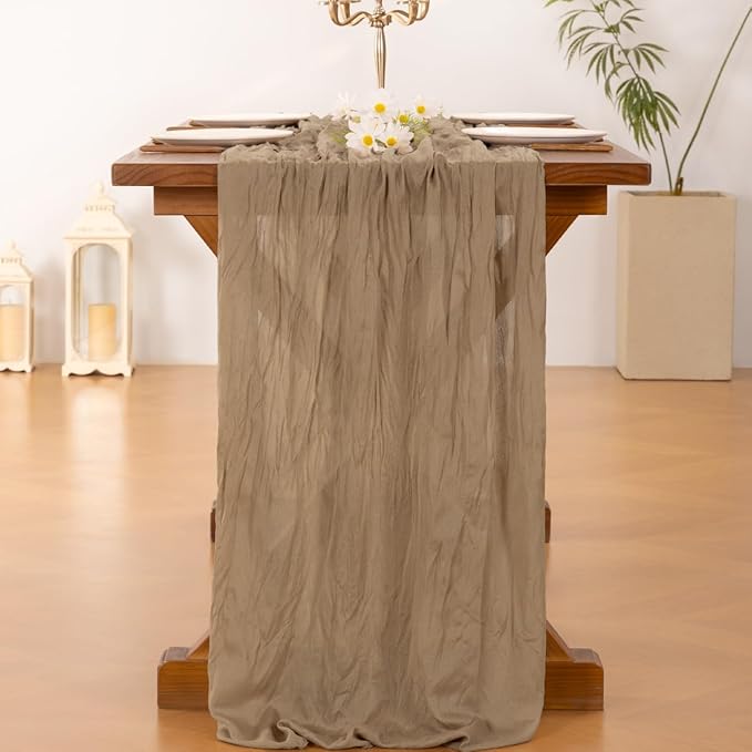 Socomi 15pcs Nude Brown Cheesecloth Table Runner Fall Thanksgiving Boho Rustic Gauze 120 inch 10FT Cheese Cloth Runner for Wedding Party Baby Shower Birthday Home Decor Holiday Decorations