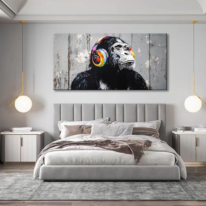 Wall Art Graffiti Gorilla Abstract Canvas Painting Textured Picture, Modern Landscape Artwork Framed for Living Room Bedroom Bathroom Office Home Decor 48x24in