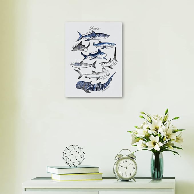 Nogrit Shark Wall Art - Ocean Themed Shark Gifts, Classroom Library Decor - 11x14