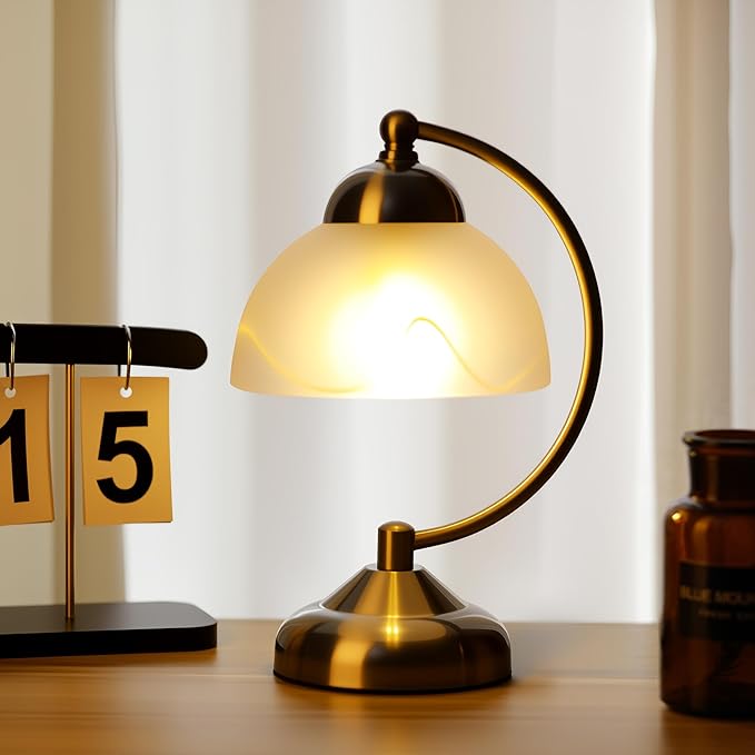 Small Modern Touch Glass Bedside Table Lamp, 7 x 7 x 10 Inch Brushed Nickel Metalwork Base Table Lamp for Bedrooms and Office (White Frosted Glass Shade)