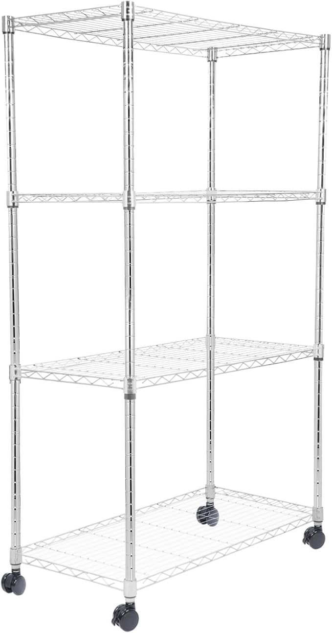 Whitmor 4 Tier Storage Shelves, Heavy Duty with Wheels, 400 lbs Capacity per Shelf, Max 1600 lbs Total, Adjustable Shelving Unit for Garage, Kitchen, Bathroom, 36" L x 18" W x 59" H, Chrome