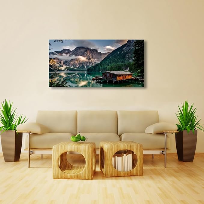 Green Lake Mountain Pictures Canvas Wall Art for Living room Bedroom Wall Decor, Mountain Wall Art Print Paitnings for home Decor,Morden Artwork House in the lake Landscape Canvas Art