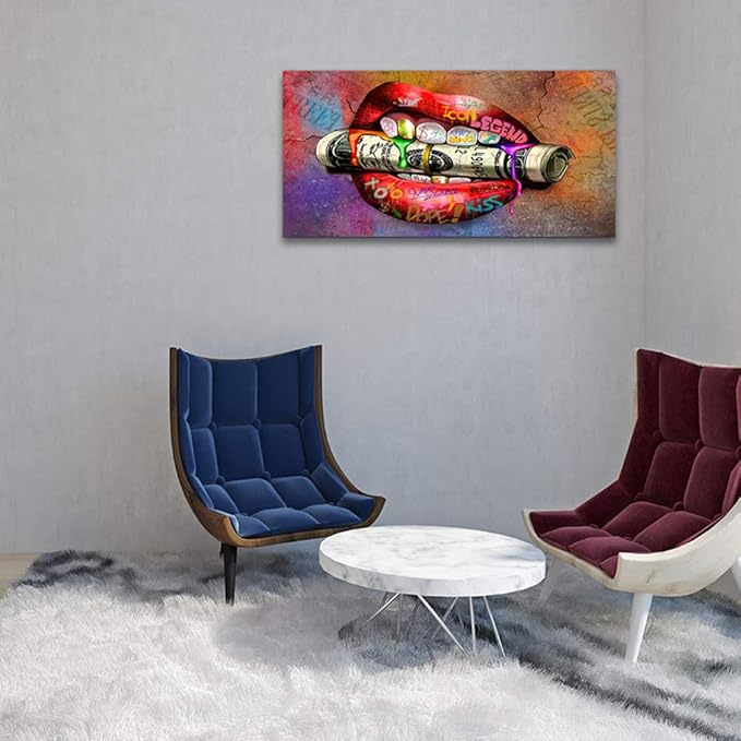 Artwork for Home Walls Abstract Colorful Graffiti Sexy Mouth Biting A Dollar Creative Wall Art Graffiti Letters Wall Pictures for Living Room Bar gym Game Room Wall Hanging Up Easy to Put-40"Wx20"H