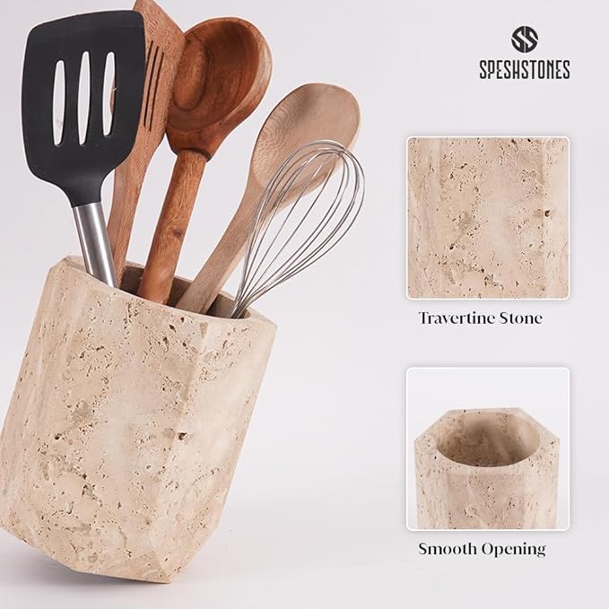 Marble Utensil Holder 6.5 Inch Travertine Cooking Utensil Crock for Countertop Storage, Modern Stone Utensils Caddy, Spoon & Spatula Organizer for Farmhouse Kitchen Decor
