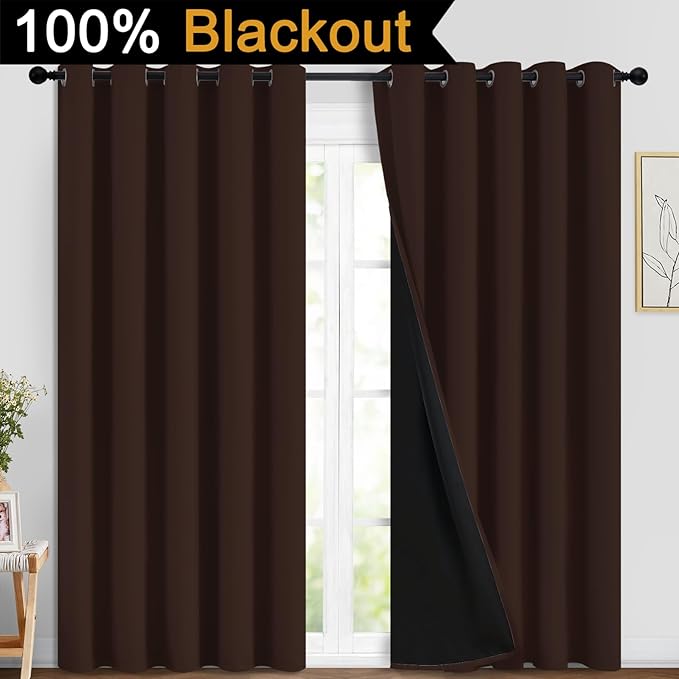Yakamok 100% Blackout Curtains for Bedroom, 2 Thick Layers Thermal Insulated Grommet Total Blackout Drapes with Black Liner for Living Room (70Wx84L,Chocolate Brown, 2 Panels)