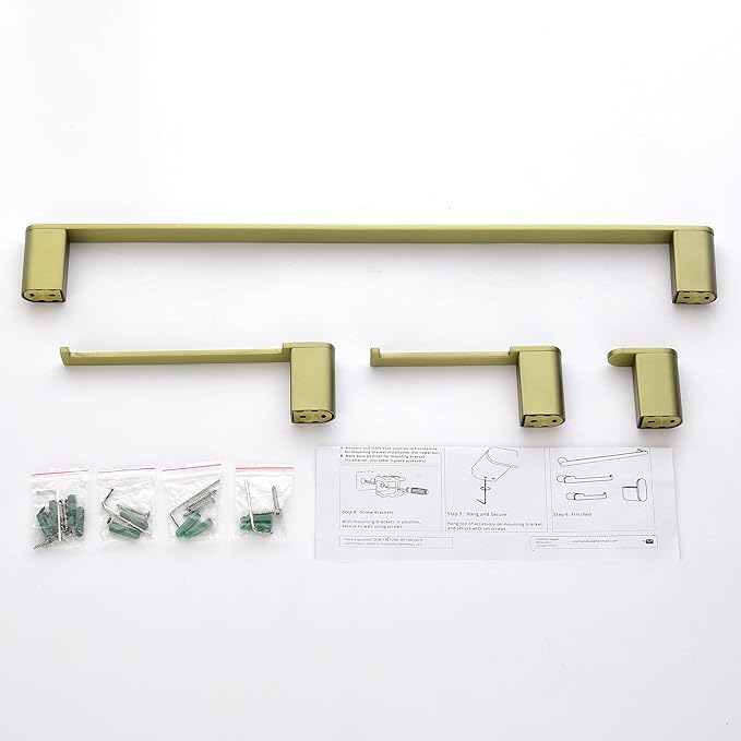 SHAMANDA Bathroom Hardware Set, 4-Piece Bath Accessory Towel Rack Set Brushed Gold Wall Mount Includes 24 Inch Towel Bar, Towel Robe Hook, Toilet Roll Paper Holder, Hand Tower Holder, BAS101-3