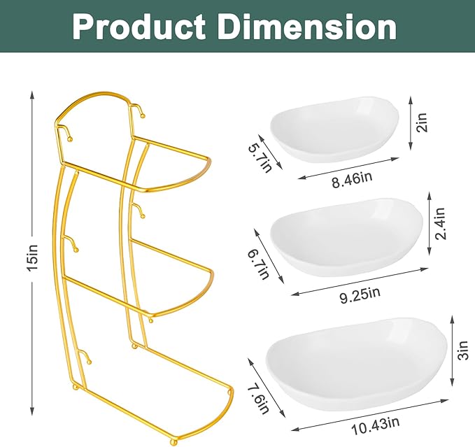 3 Tier Fruit Bowls for Kitchen Counter, White Ceramic Serving Bowls with Gold Metal Stand, Tiered Fruit Basket Display Rack for Fruits Vegetable Snack Nuts Cake Dessert Storage