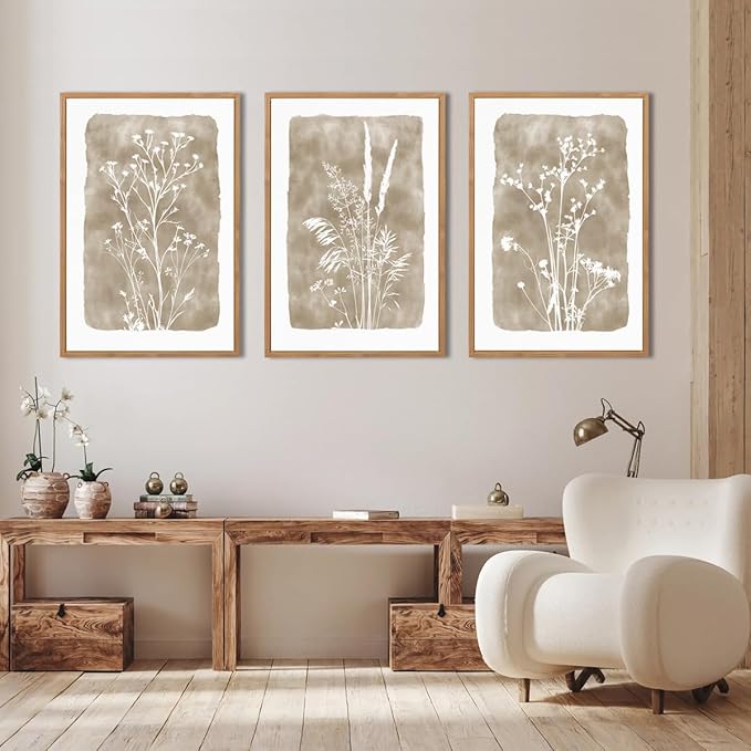ANHUIB Extra Large Beige Floral Wall Art 24x36 Inch Neutral Floral Wall Decor Vintage Flower Artwork for Living Room Bedroom Office Set of 3
