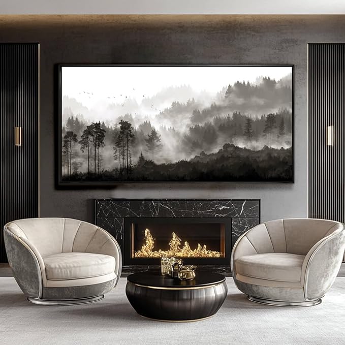 Large Wall Art Framed Mountains Canvas Wall Art Black And White Wall Decorations Bedroom Wall Decor Forest Pictures Artwork for Living Room Dining Room 29”x58”