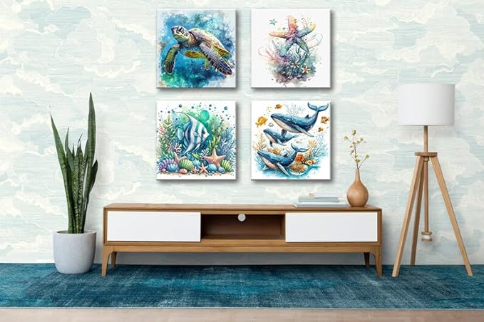 dgbtcart Ocean Bathroom Wall Art Watercolor Sea Turtle Starfish Whale Canvas Pictures Beach Coastal Prints Painting Marine Life Artwork for Living Room Bedroom Decorations 12"x12"x4pcs
