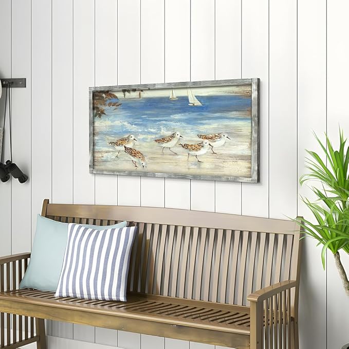 Coastal Beach Birds Framed Abstract Paintings Canvas Prints Wall Art for Bedroom Wall Decor Artworks Pictures Wall Decorations for Living Room(40"*20")