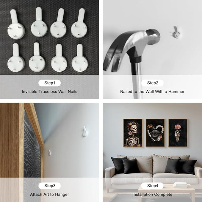 KAIRNE Halloween Gothic Skull Wall Art Set of 3, Spooky Skeleton Wall Decor and Horror Floral Prints, Dark Moody Canvas for Living Room, Bedroom, Goth Party Home Decor 16x24 inch