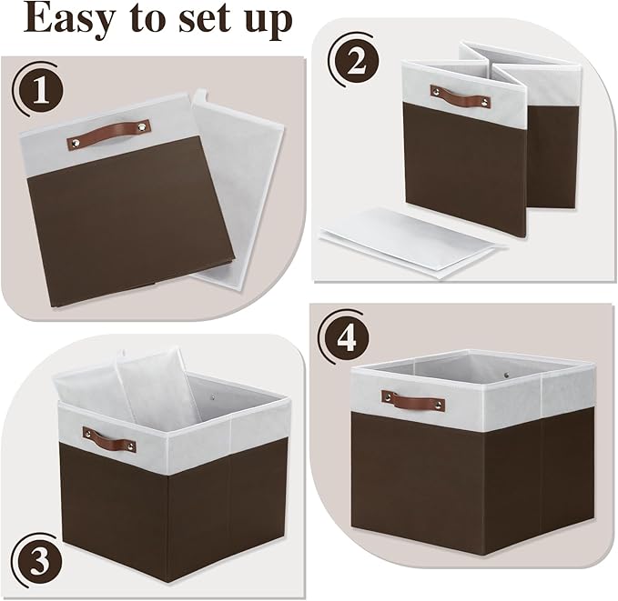 Temary Foldable Cube Baskets 4Pack - Shelf Storage Bins with Handles, Fabric Storage Organizer for Clothes, Home (White&Brown, 13x15x13 Inch)