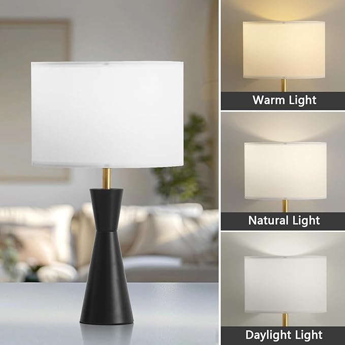 Bedside Lamps Set of 2, 3-Color Dimmable Black Metal Table Lamp for Living Room/Bedroom/Entryway and Other Rooms, Led Bulb Included