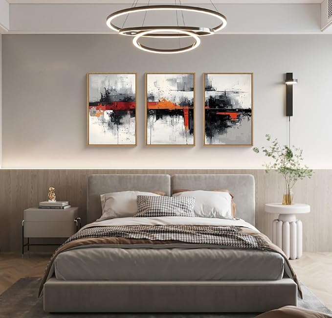 HOURIA Modern Abstract Framed Canvas Wall Art Set,Neutral Black and Orange Wall Decor,Textured Gray White Wall Painting,Pastel Strokes Art Prints for Living Room, Bedroom, Farmhouse-16 x24 x3