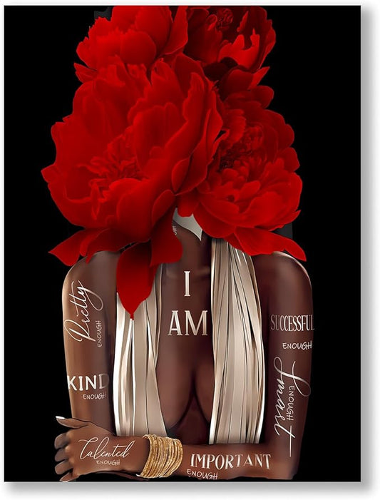 Inspirational Wall Art Canvas, African American Empowerment, Red Floral Design, Modern Home Decor 12"x16"
