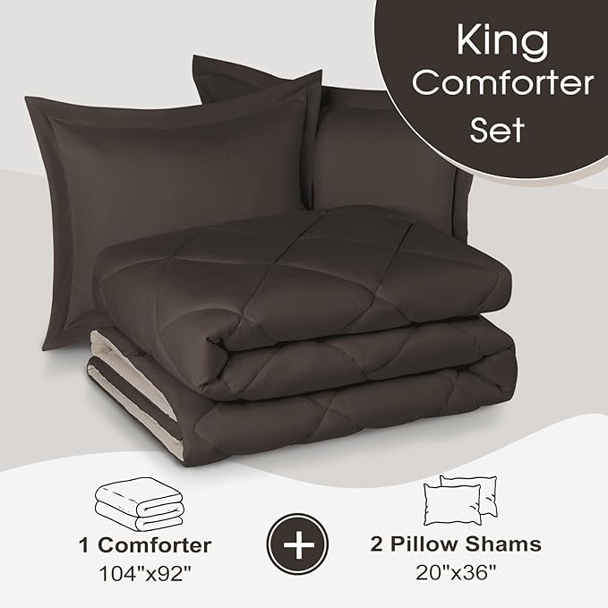 Basic Beyond King Size Comforter Set - Brown Comforter Set King, Reversible King Bed Comforter Set for All Seasons, Brown/Ivory, 1 Comforter (104"x92") and 2 Pillow Shams (20"x36"+2")